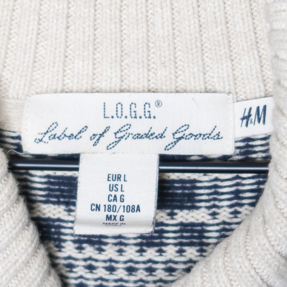 H&M Label of Graded Goods Mens Sweater Large Cream‎ Teal Stripes Holiday - Picture 3 of 8